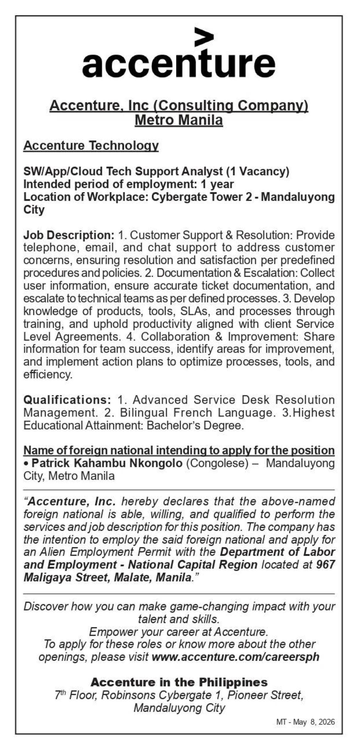 Nais ng Accenture na Paigtingin ang Karagdagang Paglago sa Pilipinas