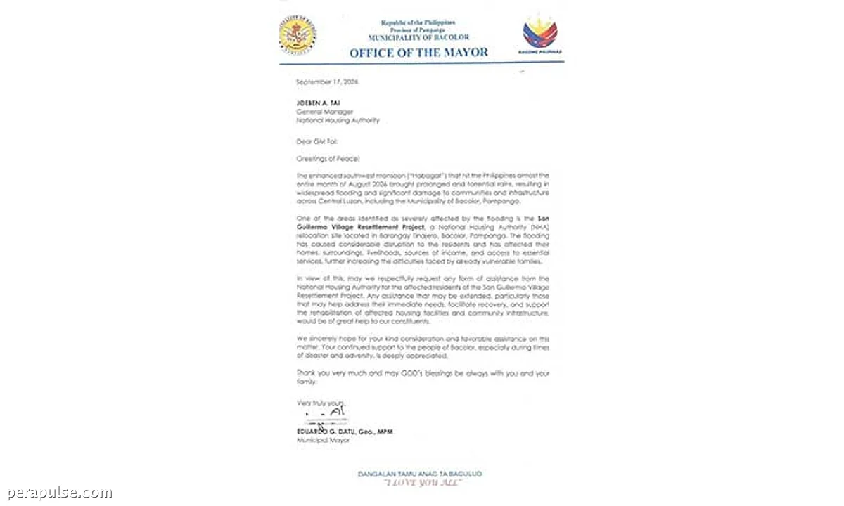 Bacolor Mayor Requests NHA Support for Flood-Affected Tinajero Residents