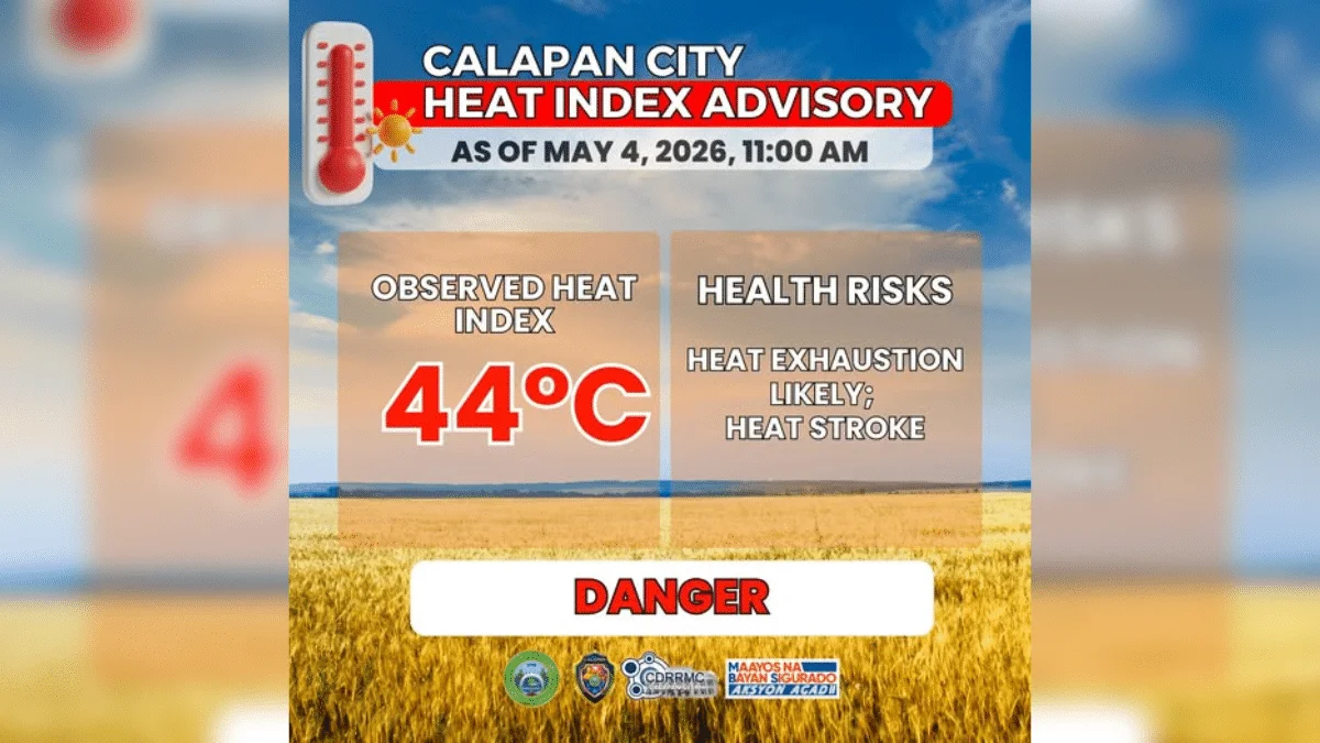 Nahaharap ang Lungsod ng Calapan sa Mapanganib na Heat Index na 44°C