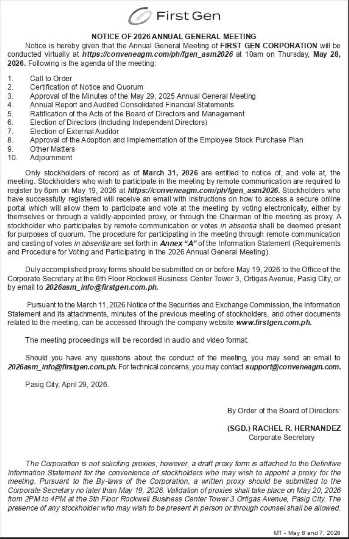 Itinakdang Pangkalahatang Pulong ng mga Stockholder ng First Gen para sa 2026