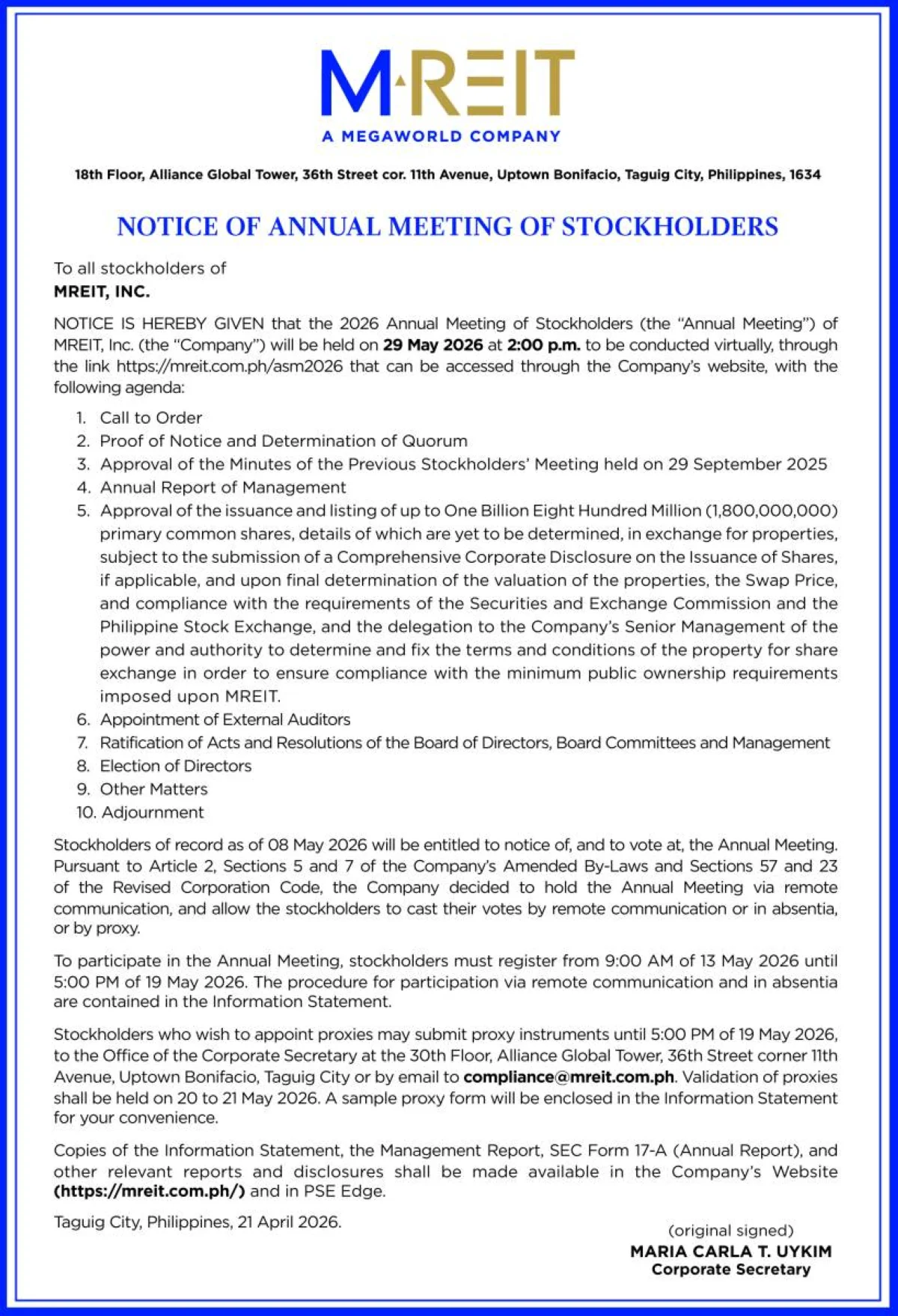 Nakatakdang Isagawa ng MReti ang Taunang Pulong ng mga Stockholder para sa 2026