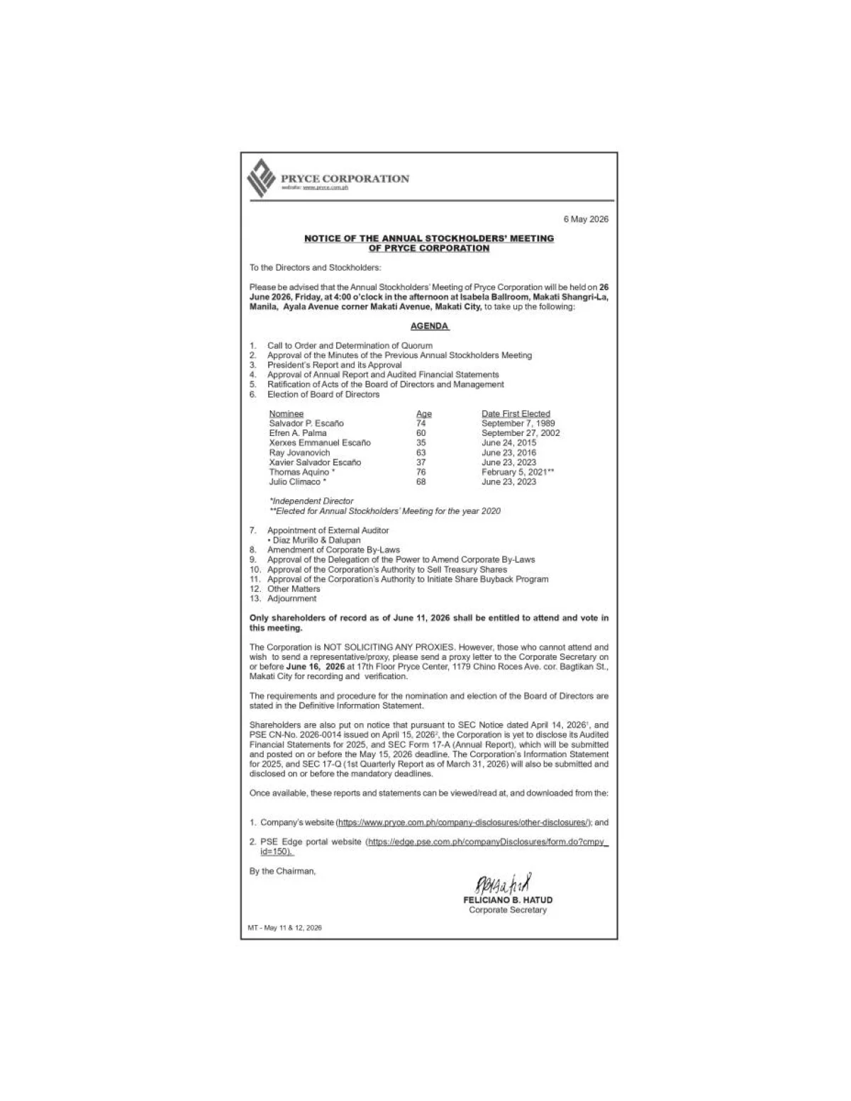 Nakatakdang Isagawa ng Pryce Corp. ang Taunang Pulong ng mga Stockholder sa Mayo 2026