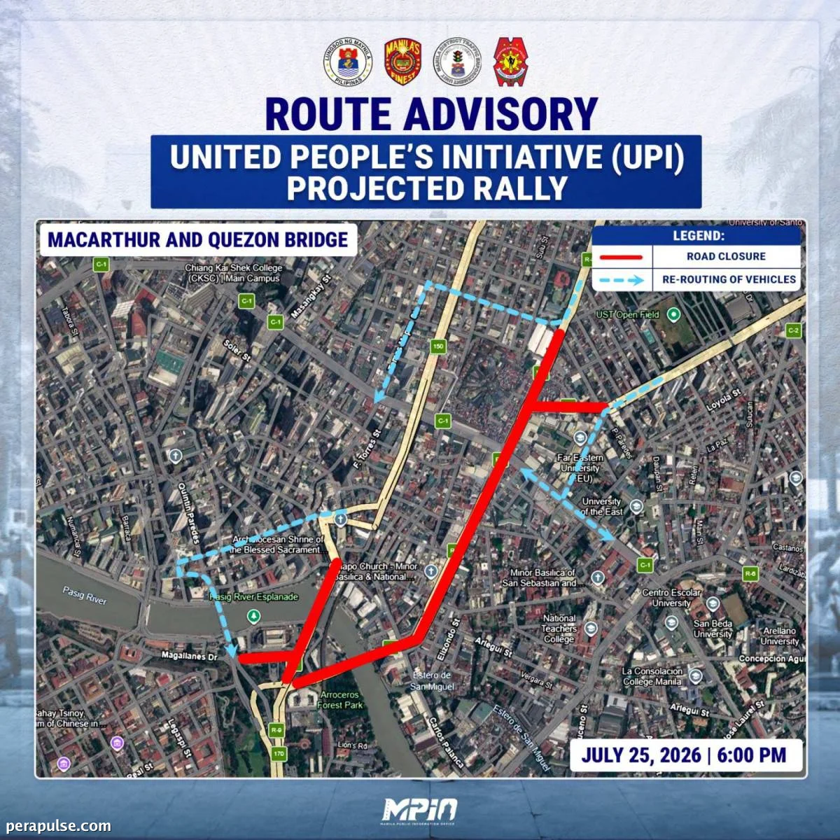 Mga Pagsasara ng Kalsada at Rerouting na Planado Bago ang UPI Rally sa Maynila